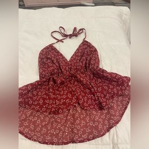 red cropped , open back blouse